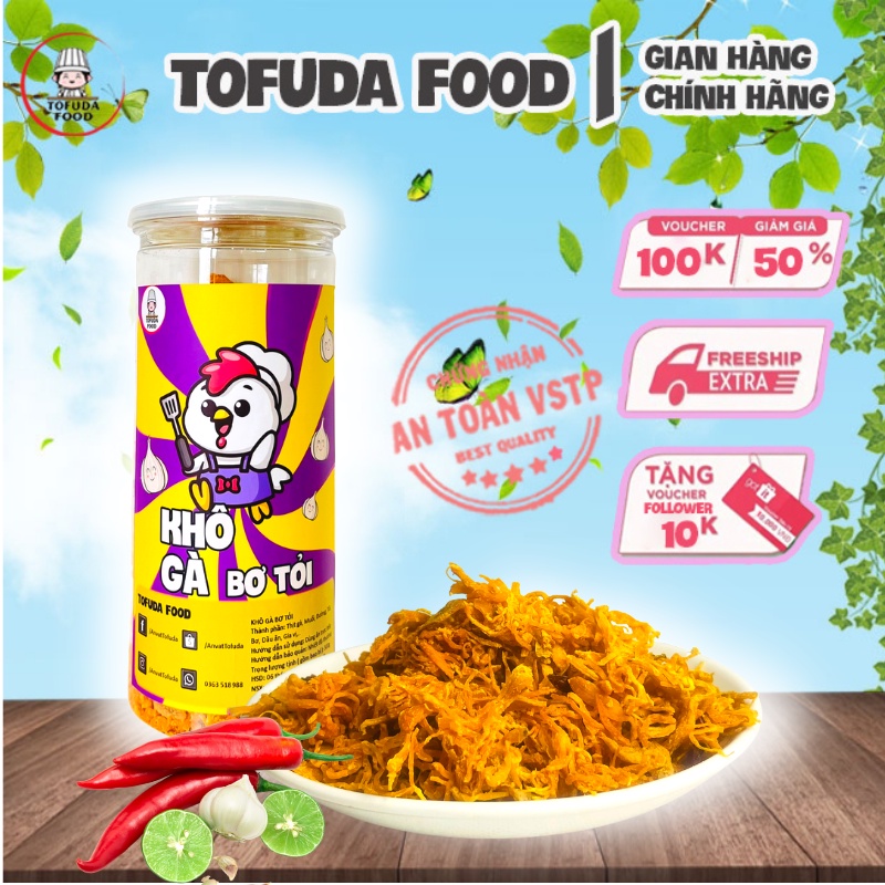 Khô gà bơ tỏi xé cay 300g loại ngon đồ ăn vặt gà khô chuẩn vị rẻ TOFUDA KGBT300