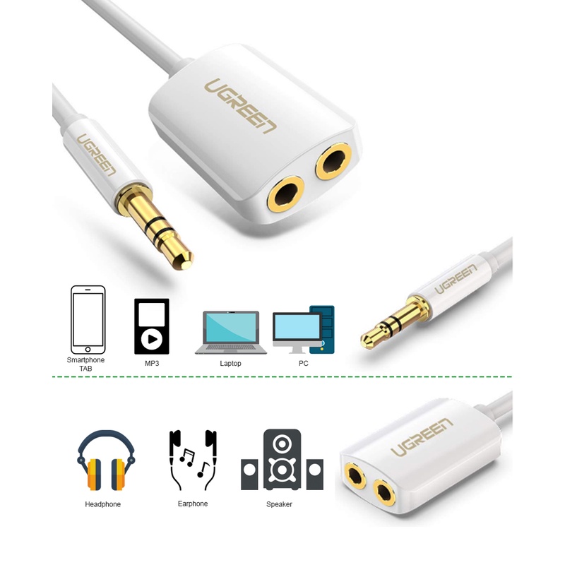 Cáp chia Audio 3.5mm 1 ra 2 tay nghe Cao Cấp Ugreen 10738 Chính Hãng màu trắng