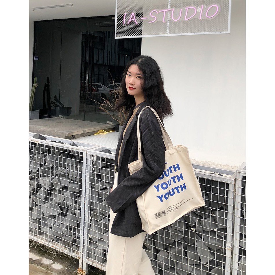 [ Mã 12FASHIONSALE1 giảm 10K đơn 50K ] Túi tote đeo vai đựng đồ vải canvas đi học đi làm có ngăn phụ ngoài siêu cá tính