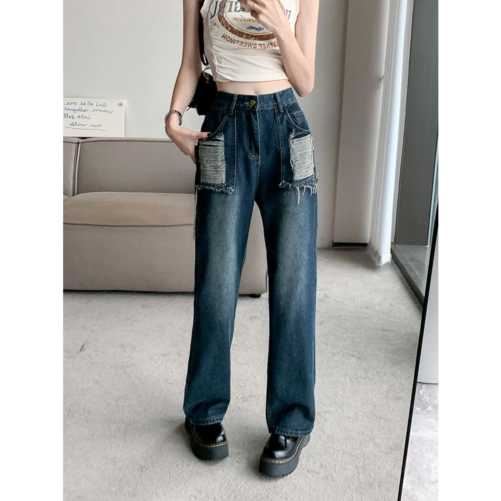 Quần jeans Nữ Lưng Cao Rách Gối Cá Tính