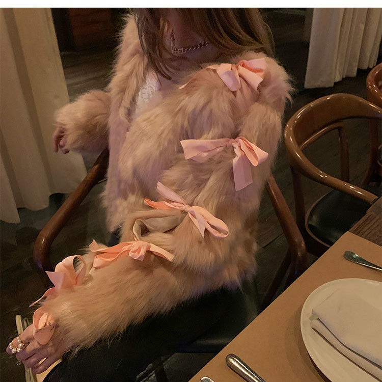 ☄❃✈Áo Khoác Giả Lông Cáo Dáng Ngắn Thắt Nơ Phong Cách Đường Phố Trẻ Trung Cho Nữ | BigBuy360 - bigbuy360.vn