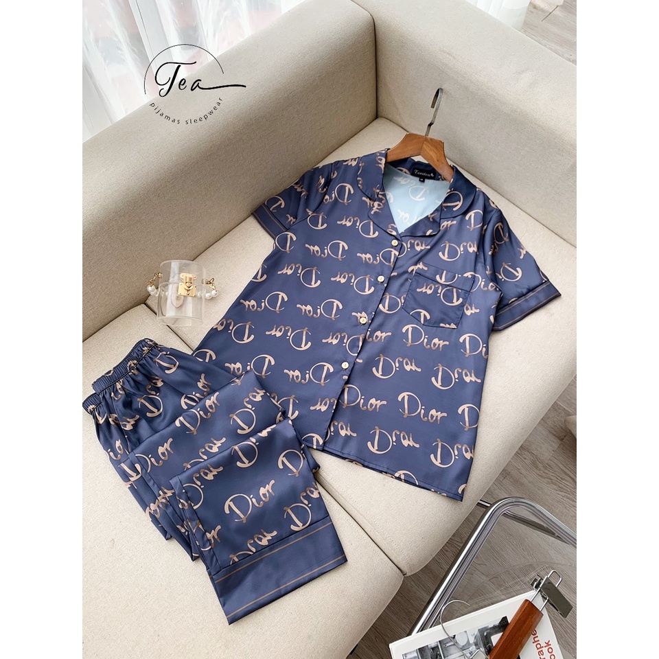Bộ mặc nhà Pyjama chất lụa Tea Store áo cộc quần dài họa tiết D!or
