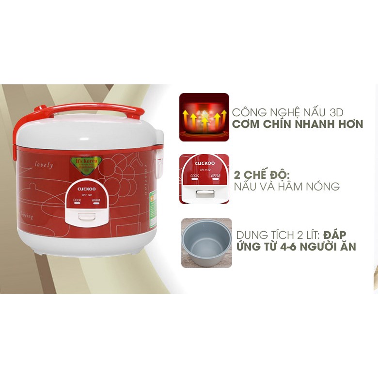 Nồi cơm điện nắp gài Cuckoo CR-1122 2 lít  - Bảo hành  12 THÁNG