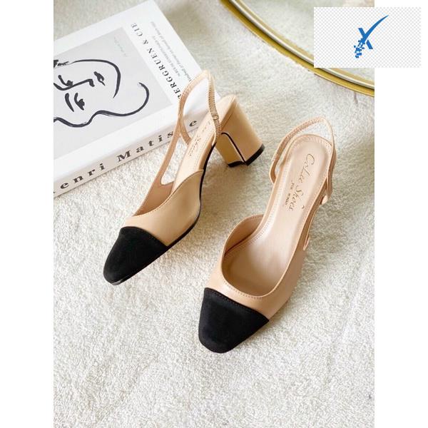 Giày cao gót nữ đế vuông vá mũi hở eo gót dáng slingback khuyết eo thời trang tinh tế thanh lịch