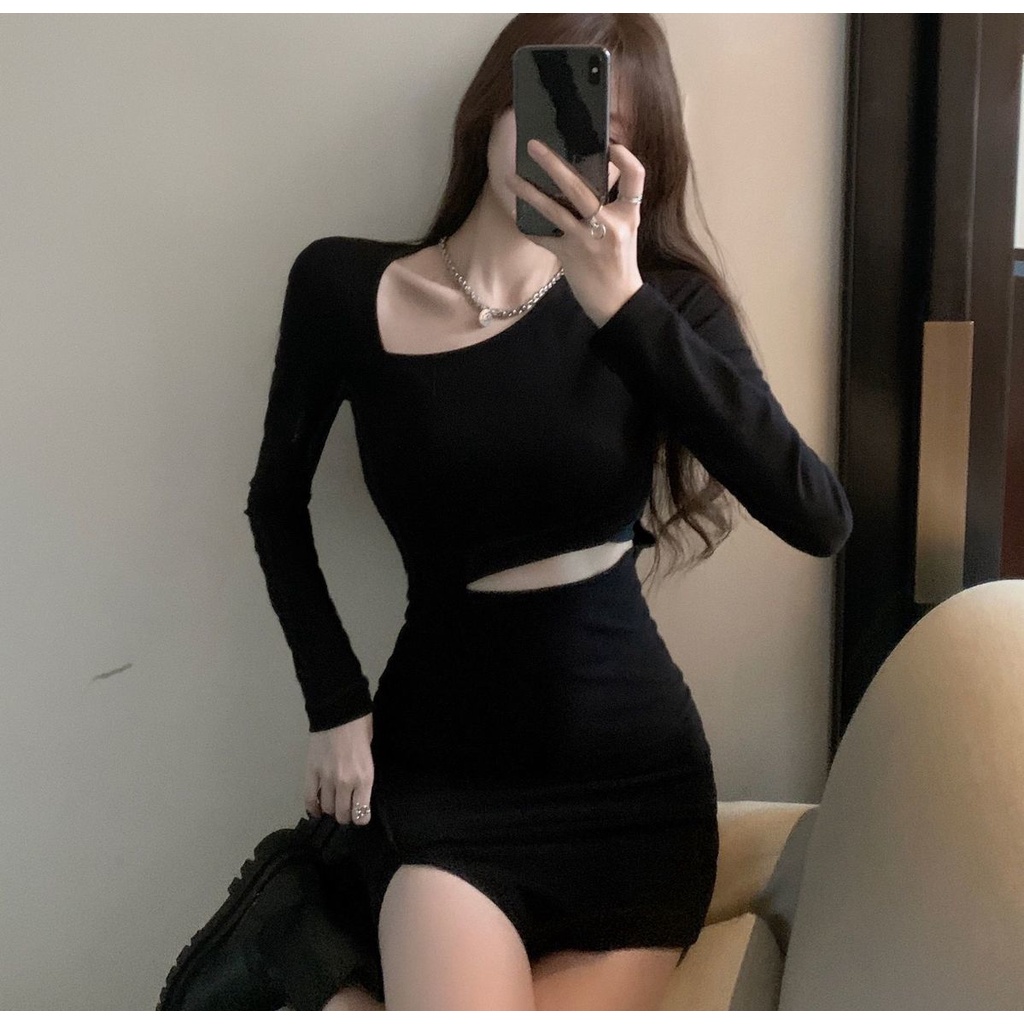 Đầm đen tay dài dáng ôm thiết kế quyến rũ thời trang mùa đông cho nữ