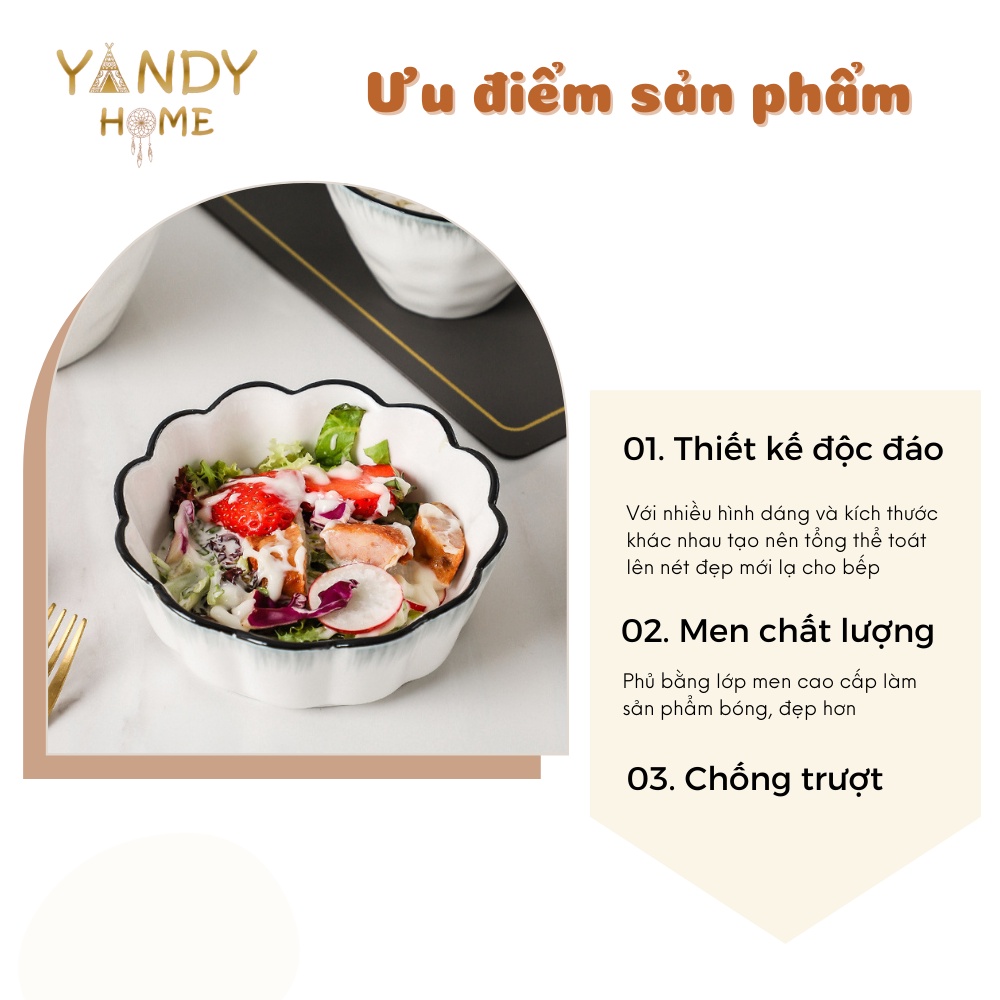 Bát đĩa tô chén gốm sứ YANDY HOME BB15 chất men cao cấp trắng đen viền mưa sang trọng siêu dày dặn