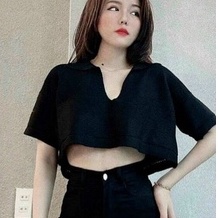 Áo thun nữ cổ bẻ V kiểu trơn tay ngắn dáng croptop xinh chất đẹp