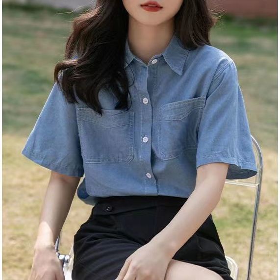 Áo Sơ Mi Denim Tay Ngắn Cổ Bẻ Dáng Rộng Phong Cách Hong Kong Thời Trang Mùa Hè Mới Cho Nữ