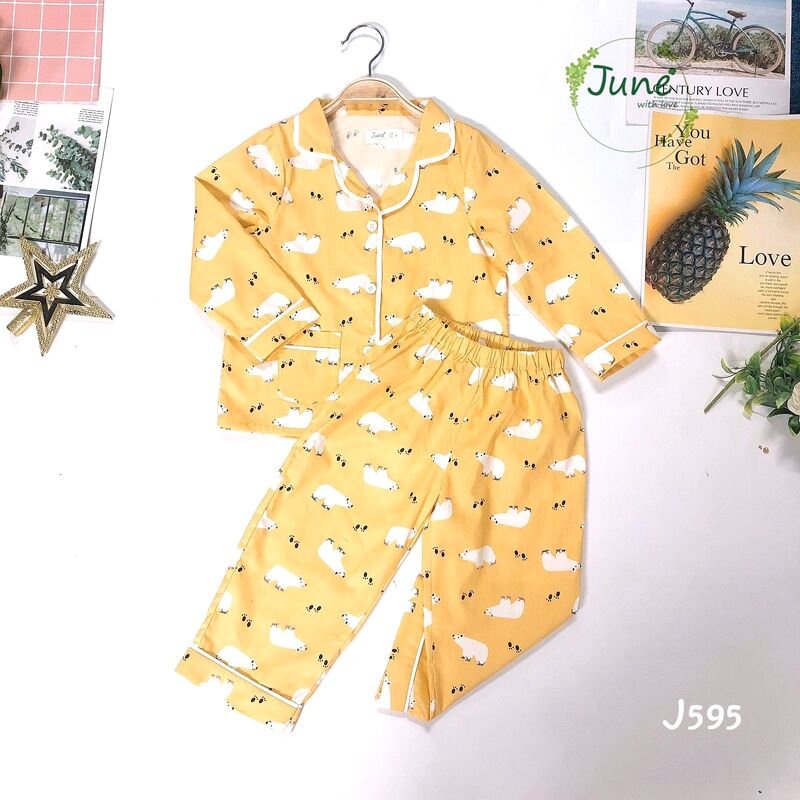 Pyjama dài tay cho bé trai bé gái thô lụa Jun vàng hình gấu cá tính Nga Fish 1P2Y0