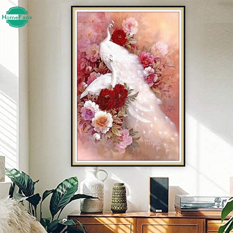 Bộ Tranh Đính Đá 5D Họa Tiết Chim Công Độc Đáo Kích Thước 60x90cm Dùng Trang Trí Nhà Cửa