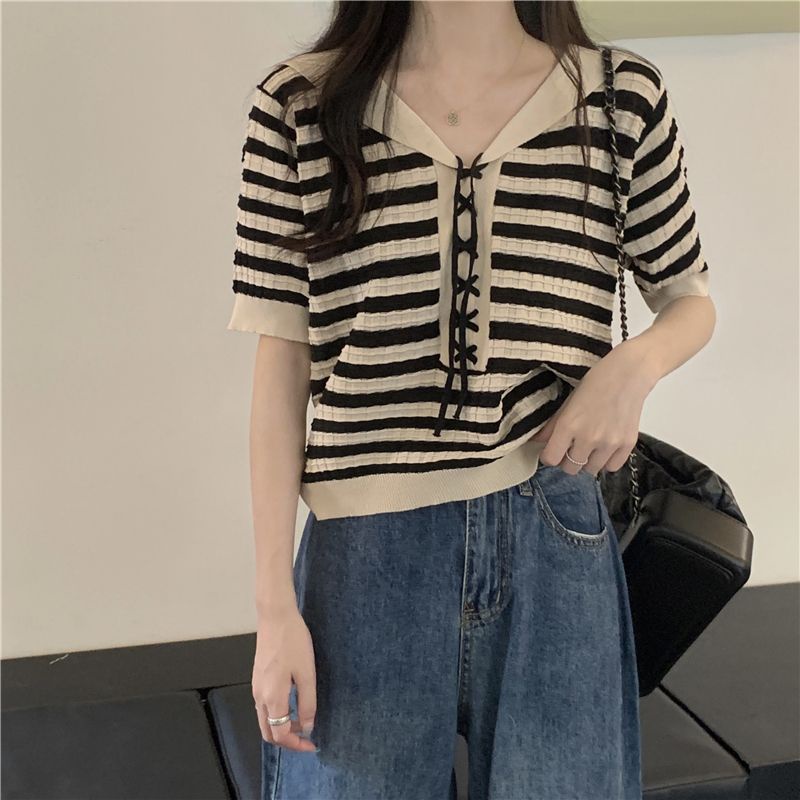 Áo Sweater Tay Ngắn Kẻ Sọc Ngang Trẻ Trung Phong Cách Hàn Quốc  tao bao