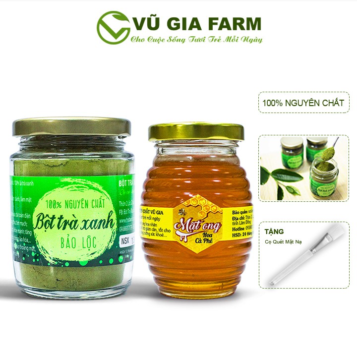 Combo Bột Trà Xanh + Mật Ong Hoa Cà Phê - Nguyên Chất Vũ Gia (100g/hũ) + Tặng Cọ Quét