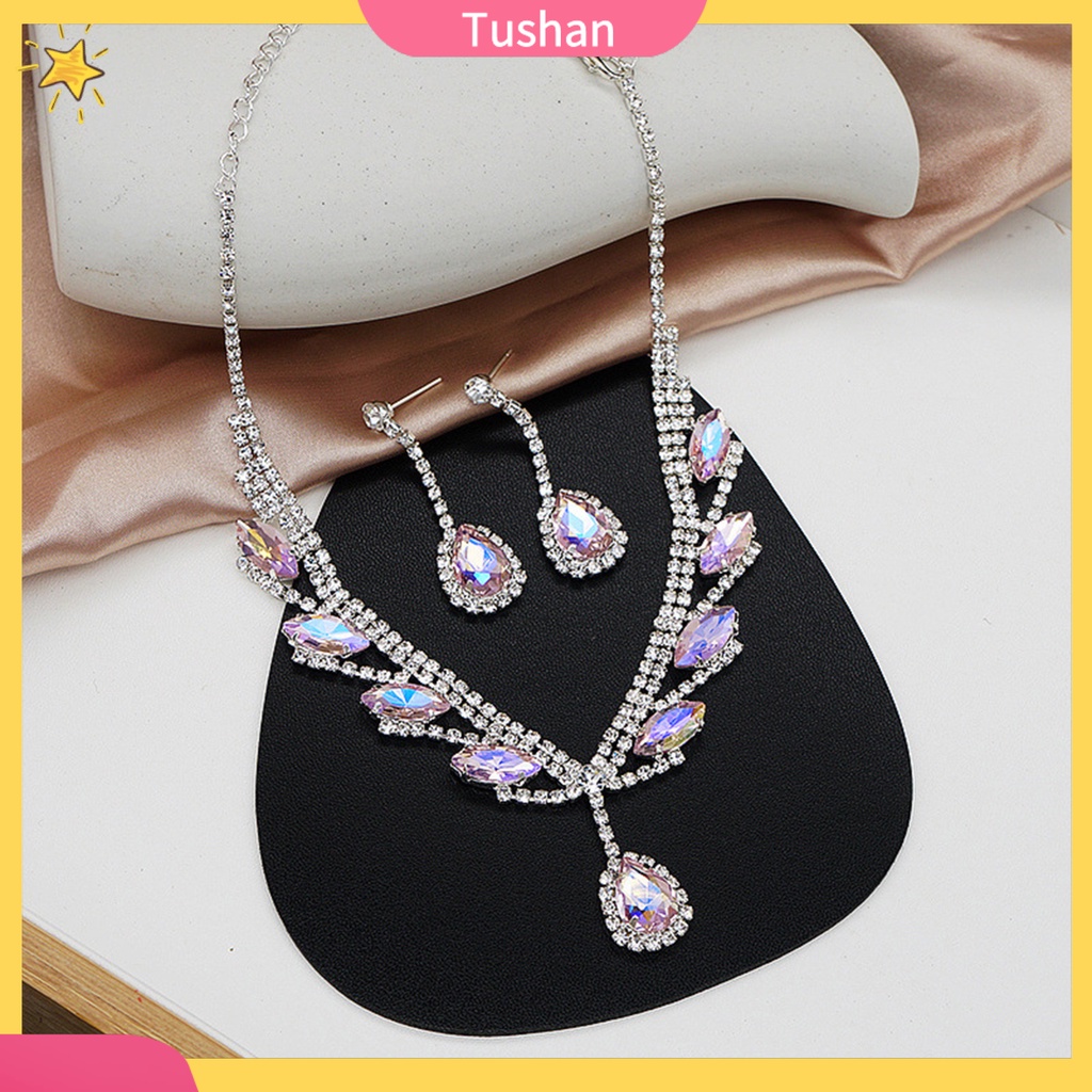Set dây chuyền và đôi khuyên tai mặt hình giọt nước đính đá nhân tạo lấp lánh thời trang dành cho cô dâu