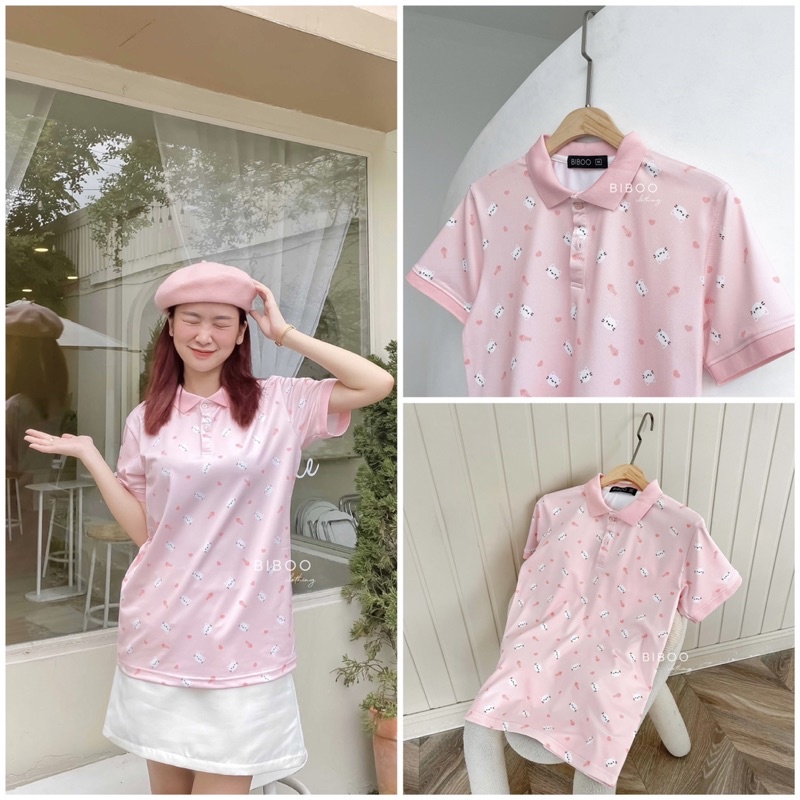 BIBOO - Áo polo họa tiết có cổ tay ngắn form unisex nam nữ MÈO XƯƠNG CÁ - KITTEN chất liệu dày dặn, không nhăn