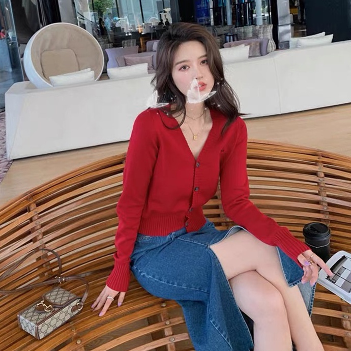 Áo cardigan SUXI dệt kim tay dài cổ chữ V màu trơn phong cách Hàn Quốc thời trang