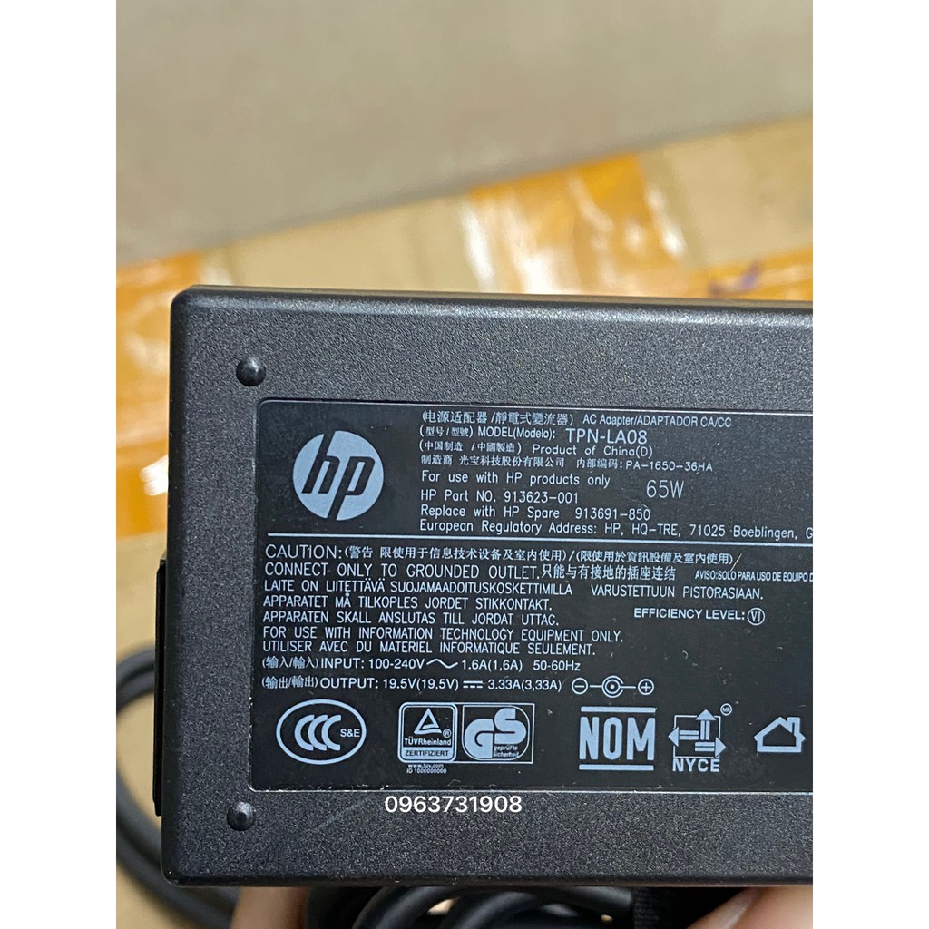 Sạc laptop hp 19.5V-3.33A 65W chân kim xanh chính hãng