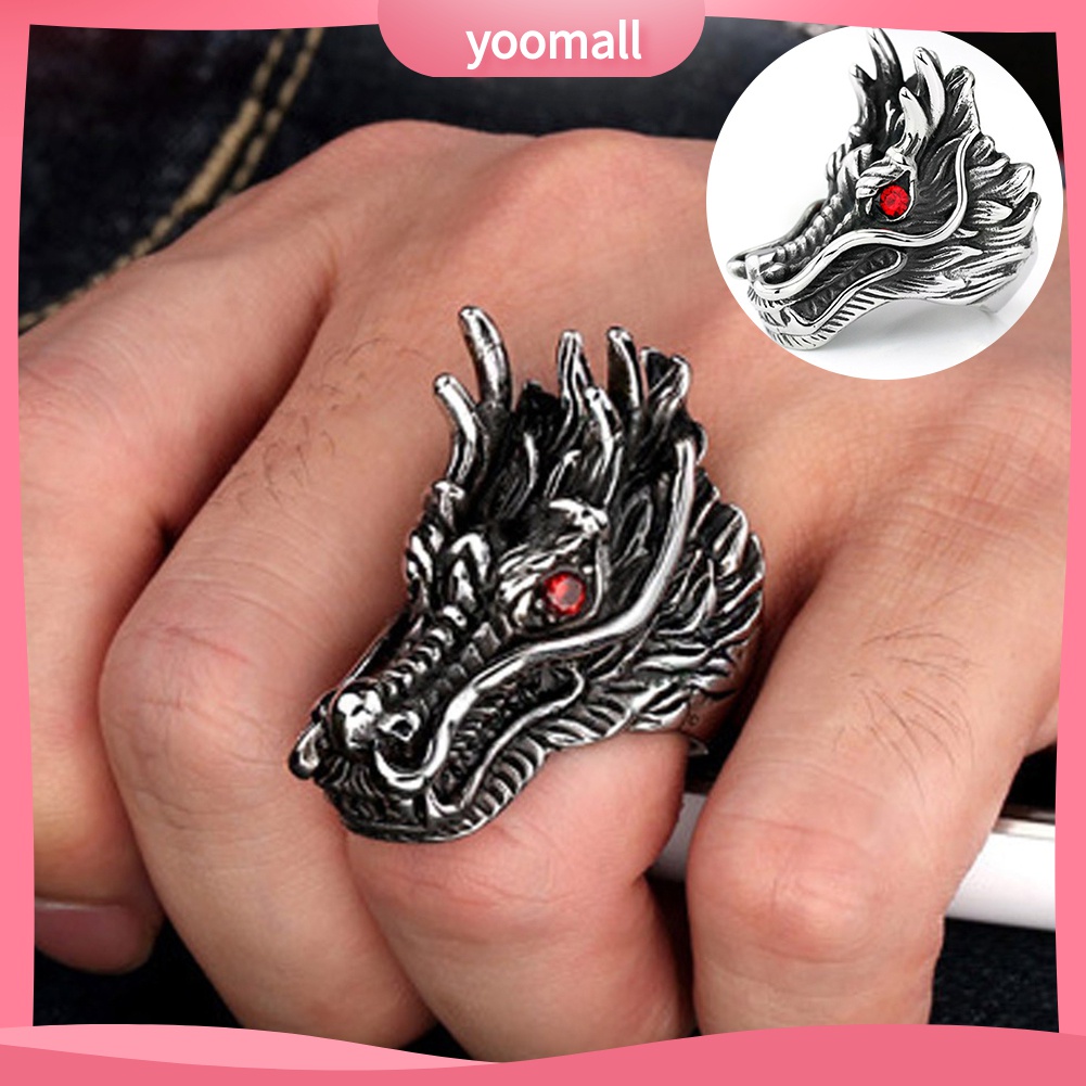 Yomall♡ Nhẫn Nam Chạm Khắc Hình Đầu Rồng Đính Đá Zircon Phong Cách Punk