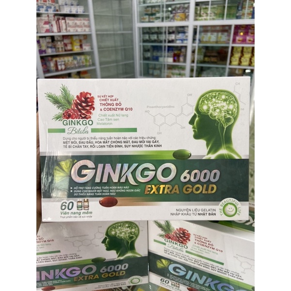 Viên uống Ginko 6000 - bổ não Ginkgo 6000 Extra Gold hỗ trợ tăng cường máu lưu thông giúp giảm đau đầu  lọ 60 viên TM