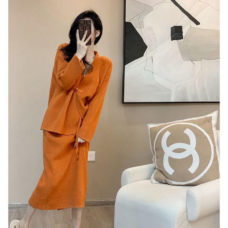 Set áo khoác cardigan dệt kim + chân váy dáng rộng thiết kế đơn giản thời trang