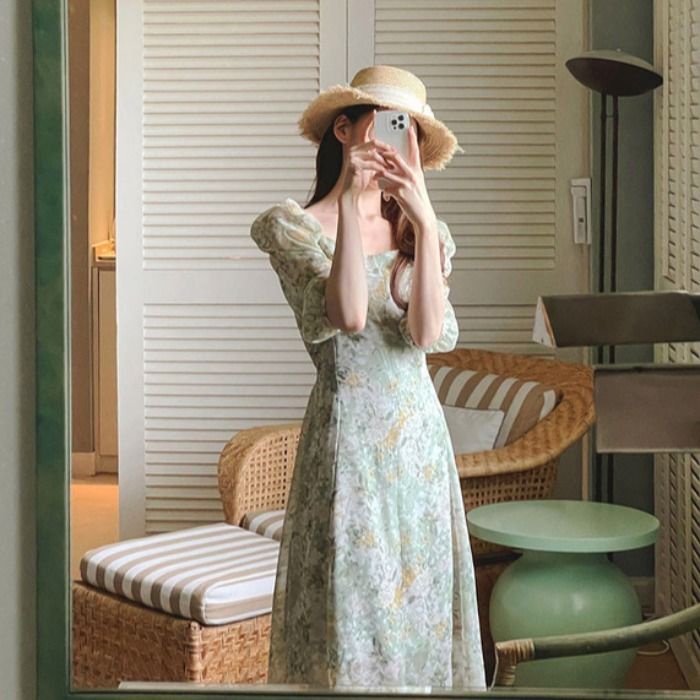 Đầm Lửng Tay Lửng Cổ Vuông Eo Cao Phong Cách Hàn Quốc Thời Trang Cho Nữ