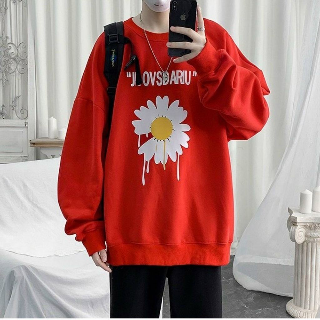 ÁO SWEATER NỈ UNISEX KHÔNG NÓN IN HOA CÚC TRẮNG STYLE HÀN CỰC ĐẸP