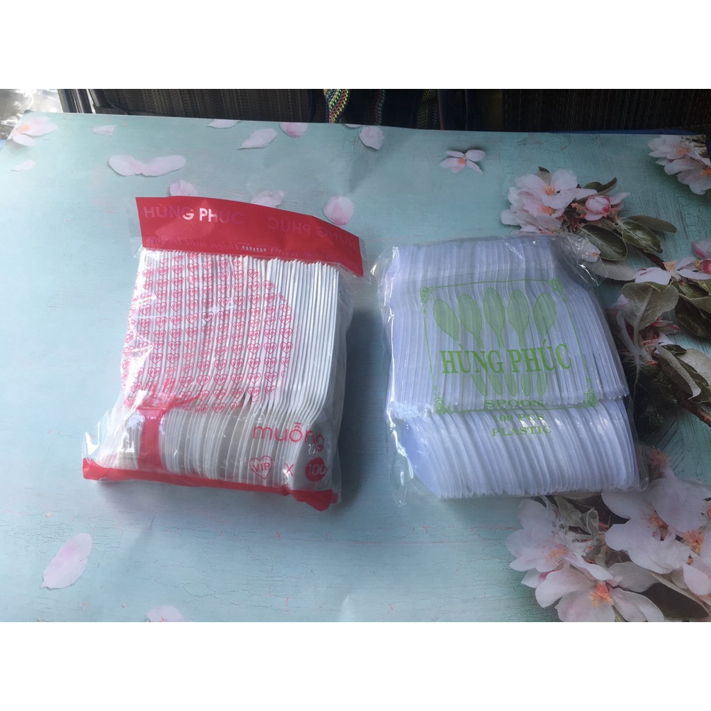 Bịch 100 muỗng nhựa dùng một lần, take away, quán ăn, quán nước, nhựa dẻo, cao cấp, an toàn cho sức khỏe