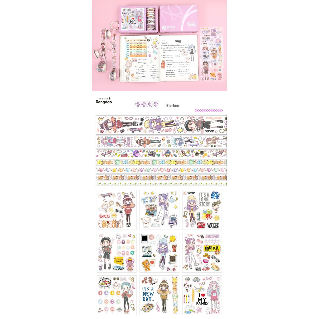 Hộp Sticker &amp; Washi dán nhiều chi tiết (9 Sticker &amp; 8 Washi tap)