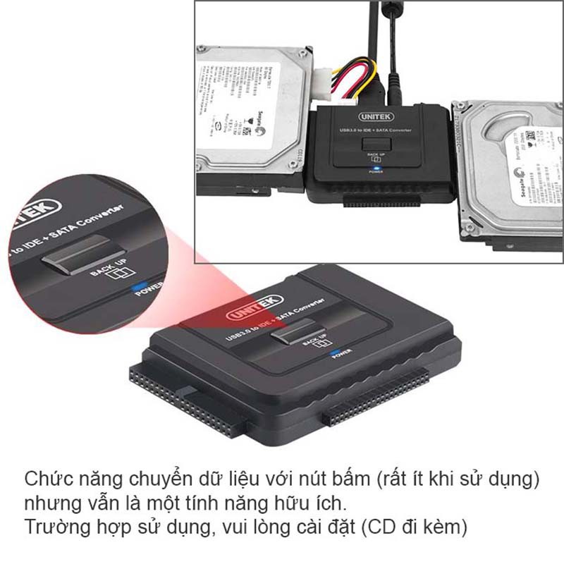 Thiết bị đọc dữ liệu Ổ cứng/HDD/SSD/DVD-R SATA/IDE 2.5/3.5 USB 3.0 hỗ trợ nguồn ngoài 12VDC-2A UNITEK Y-3322A