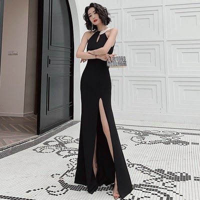 Váy dạ hội satin váy dạ hội kết cấu cao cấp mẫu mới 2020 Nữ Hoàng khí trường phong cách sexy đuôi cá dài màu đen