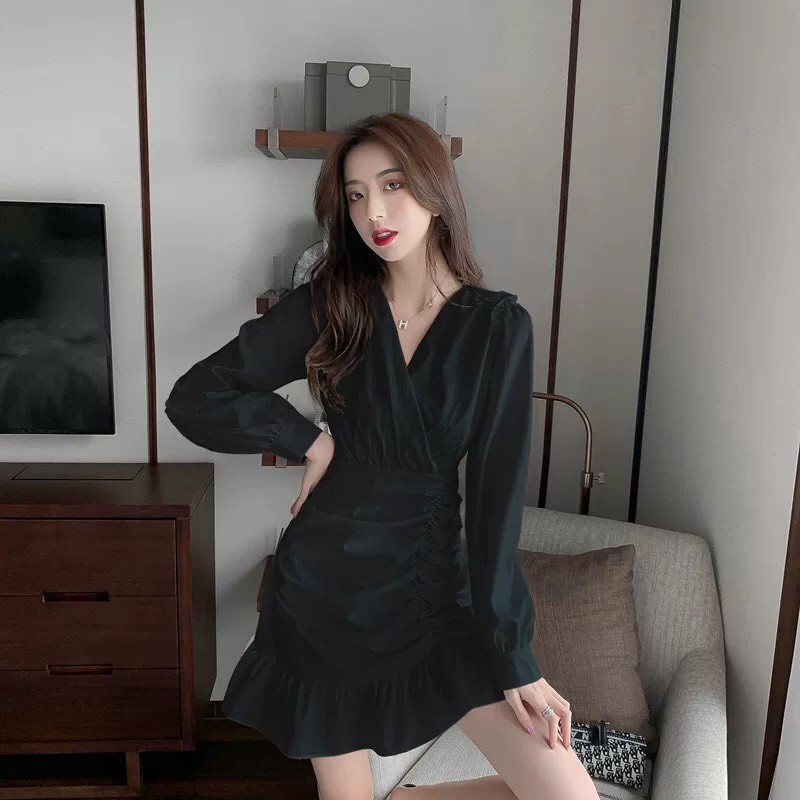 ĐẦM dự tiệc dáng suông đẹp cao cấp, phần vai và lai váy bèo nhúng xinh yêu, có 2 màu trắng đen giá rẻ VADA.vn - VD 012 -