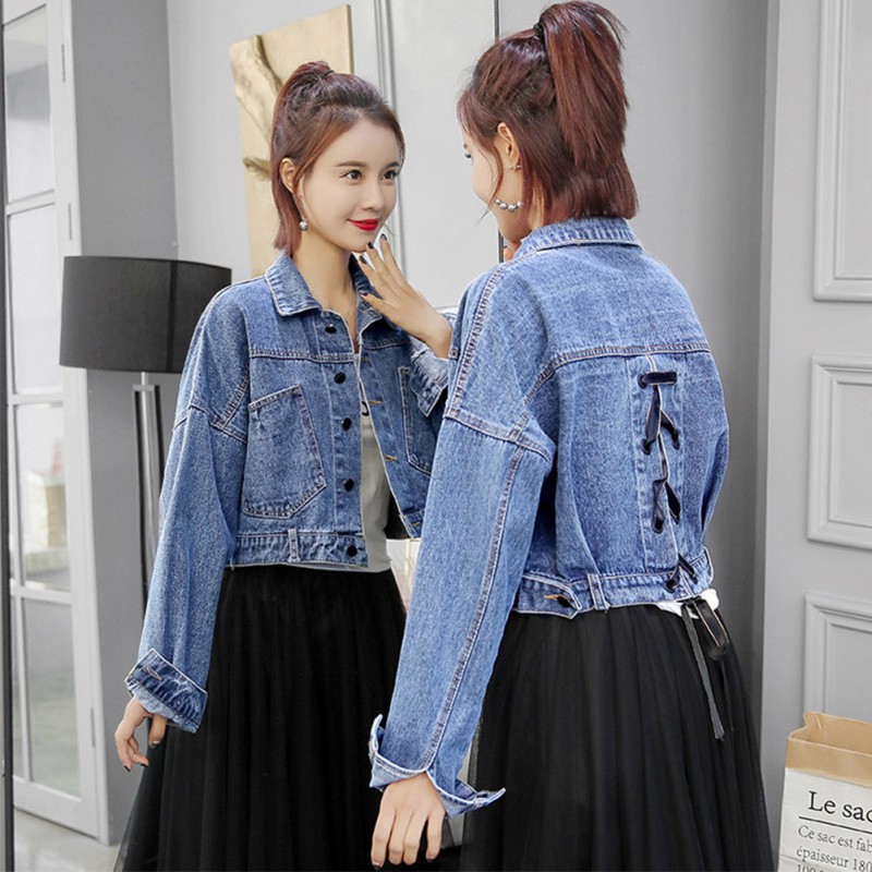 Áo khoác denim tay dài thiết kế cổ bẻ thanh lịch