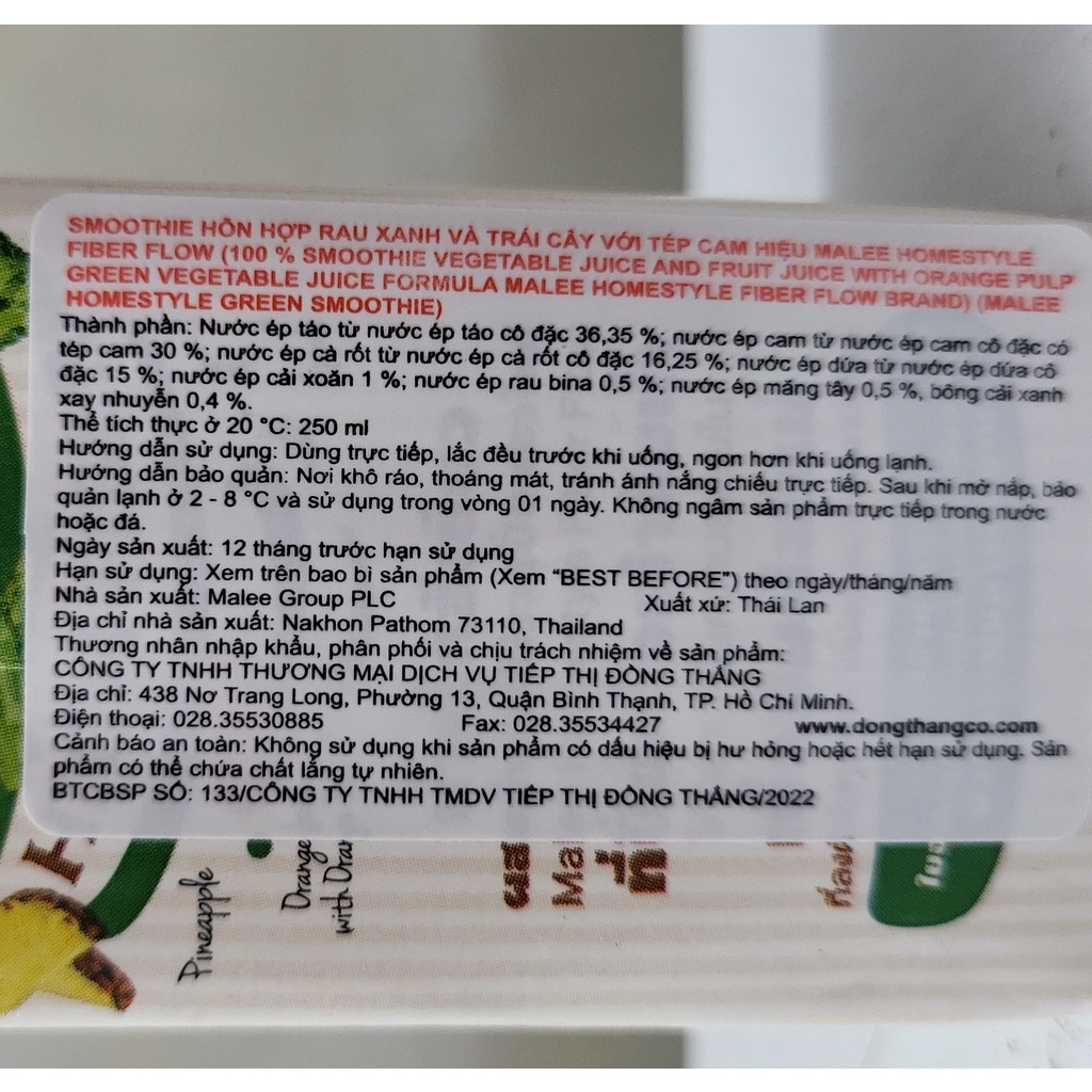 [Hộp nhỏ 250ml] NƯỚC HỖN HỢP RAU XANH VÀ TRÁI CÂY (eat clean) [Thailand] MALEE Homestyle Green Vegetable Smoothie (ttdt)