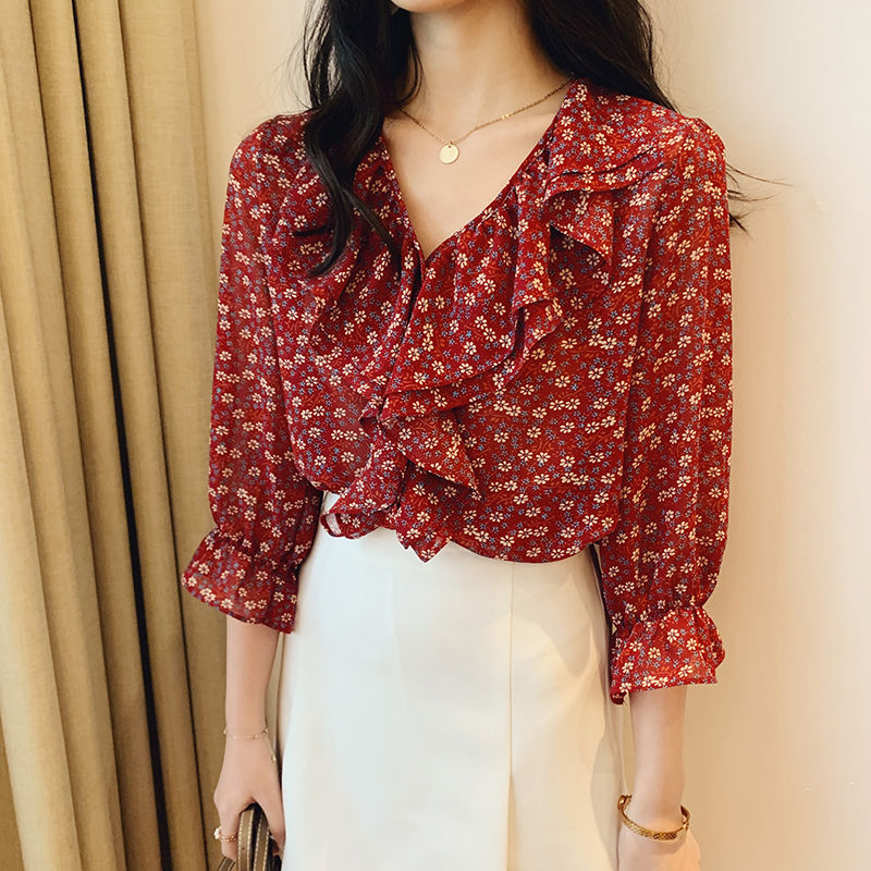 Áo Sơ Mi Voan Hoa Cổ Tim Dài Tay Dáng Rộng Thời Trang Retro Hàn Quốc Dành Cho Nữ