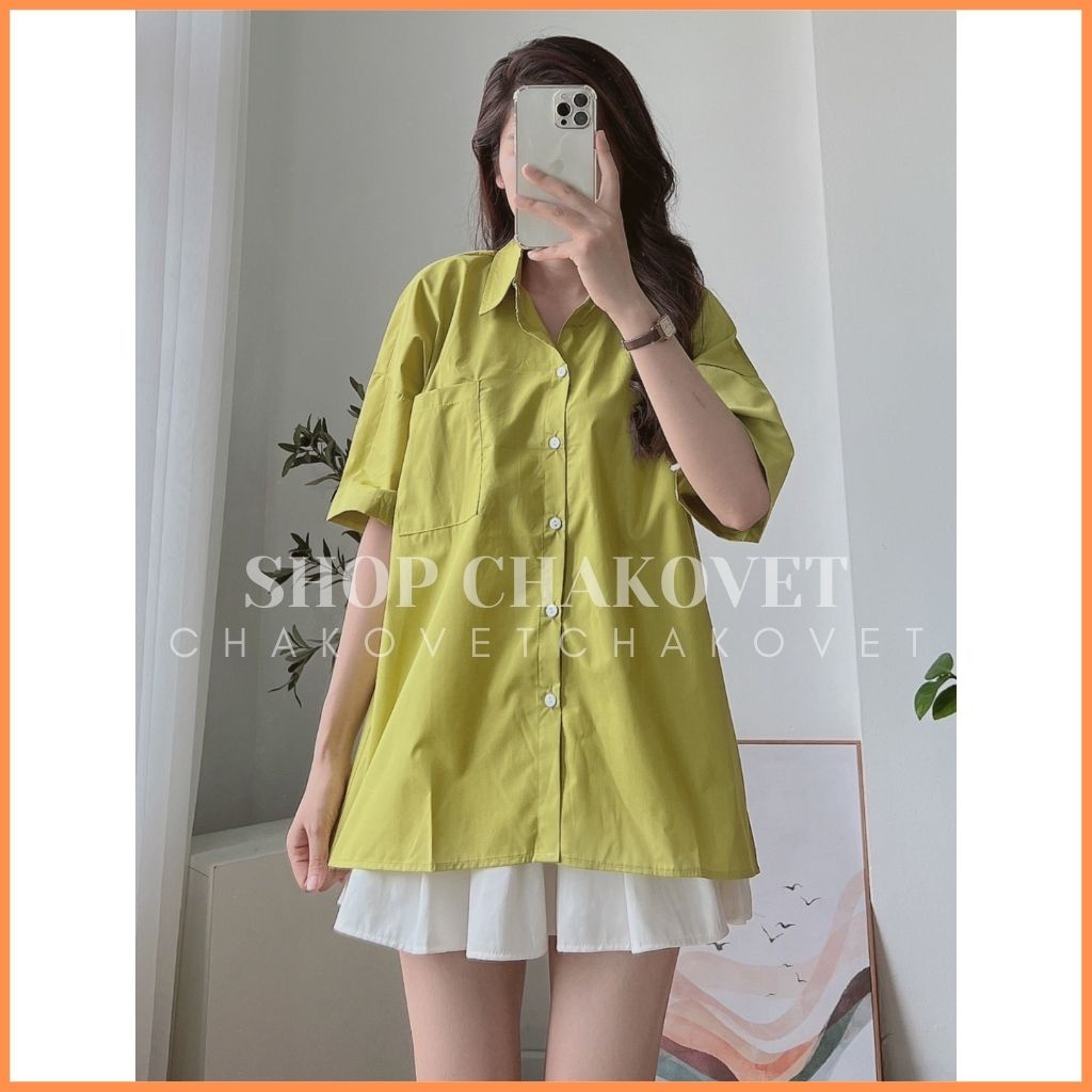 Áo sơ mi nữ màu xanh cốm A8309 Kiểu áo tay lỡ oversize cực cá tính dưới 55kg