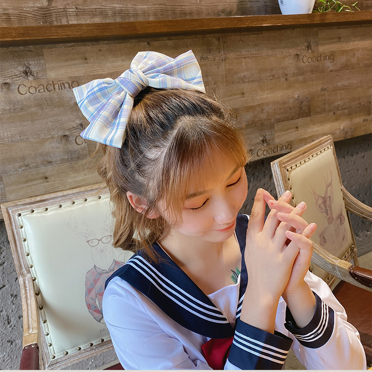 Kẹp tóc phối nơ cỡ lớn in họa tiết sọc caro chất liệu satin phong cách Nhật Bản tinh tế cho nữ