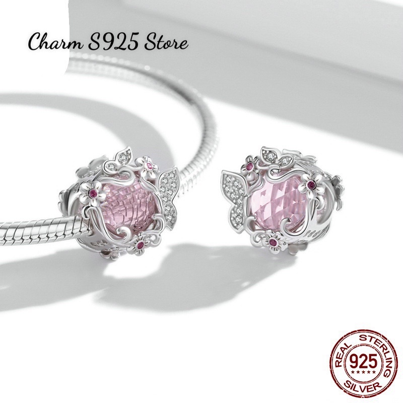 CHARM XỎ NGANG HOẠ TIẾT HOA ĐÍNH ĐÁ HỒNG BẠC S925 CAO CẤP CHÍNH HÃNG