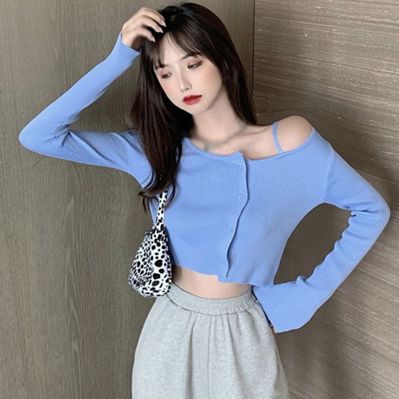 Áo Cardigan Dệt Kim Tay Dài Thiết Kế Lệch Vai Quyến Rũ Cho Nữ | BigBuy360 - bigbuy360.vn