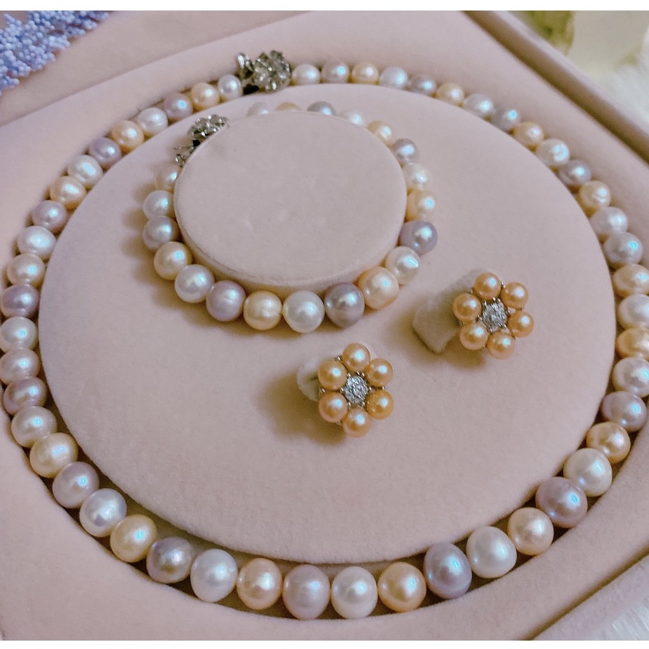 Bộ trai thật tự nhiên nước ngọt 10 li phối màu gồm vòng cổ, vòng tay, bông tai - TRANG SỨC BẠC VÀ TRAI cam kết trai thật