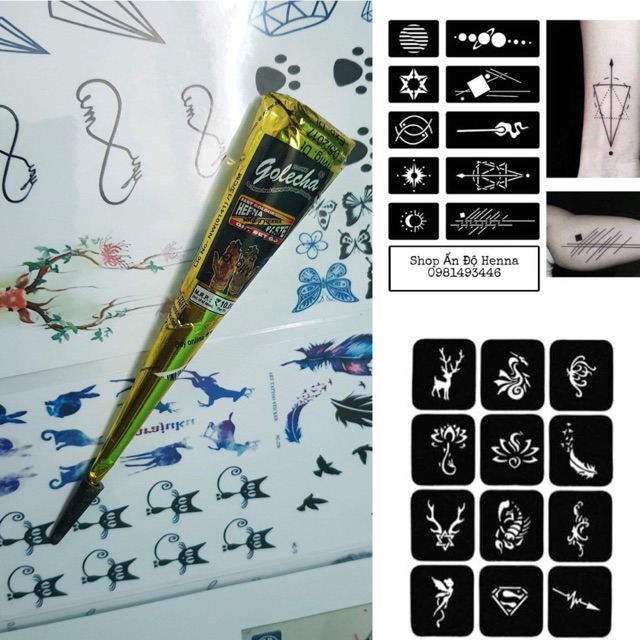 COMBO 1 tuýp mực henna ấn độ + 2 khuôn mẫu a4