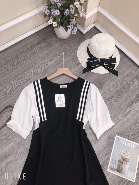 Đầm suông-Váy thủy thủ phối trắng đen tay lỡ chất đũi xước