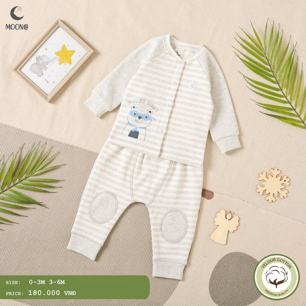 [CHÍNH HÃNG] Bộ dài tay cài giữa cotton nhung túi bụng họa tiết trẻ em Moon