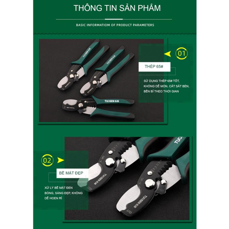Kìm tước dây điện 8inch, bấm cos đa năng 11444 Tuosen