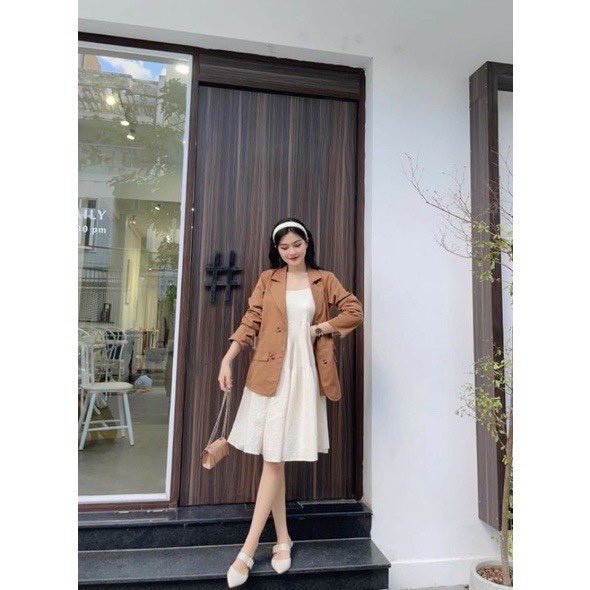 Set combo váy hai dây suông be vintage kèm áo khoác vest blazer siêu xinh, Set vest nữ rẻ đẹp thích hợp đi dạo đi chơi