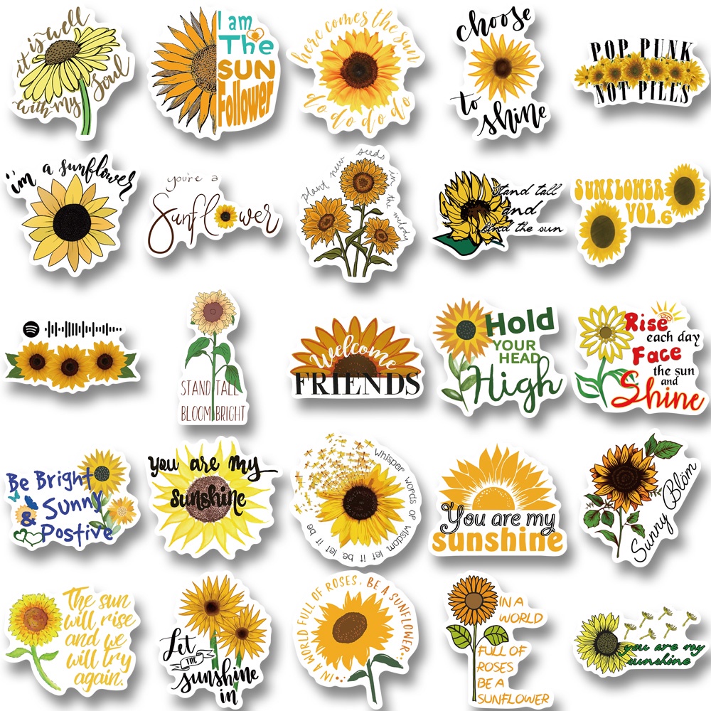 Bộ 50 Miếng Dán Trang Trí Laptop Chống Thấm Nước Hình Hoa Hướng Dương Hoạt Hình