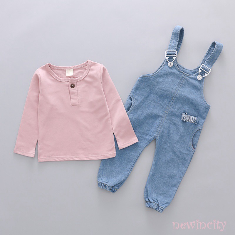 Bộ áo thun dài tay + quần yếm denim thời trang cho bé trai