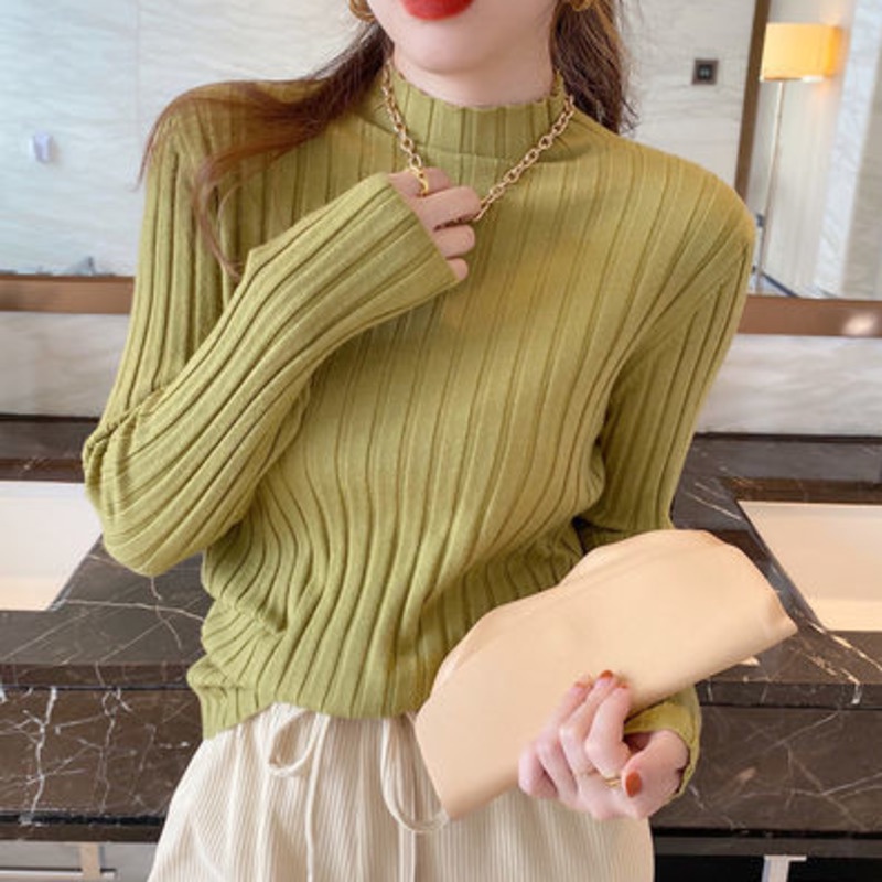 Áo Len Tay Dài Cổ Lọ Họa Tiết Kẻ Sọc Đơn Giản Thời Trang