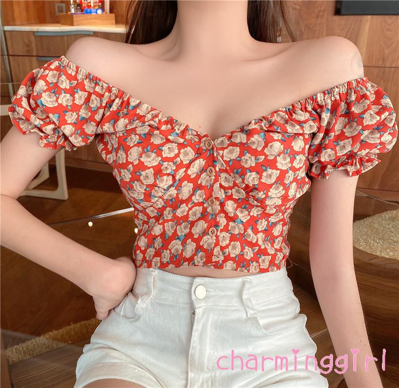 Áo Croptop Nữ Ngắn Tay Cổ Chữ V In Hoa Thời Trang