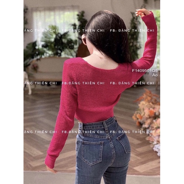Áo len cổ U rộng dài tay gài nút croptop TT1409