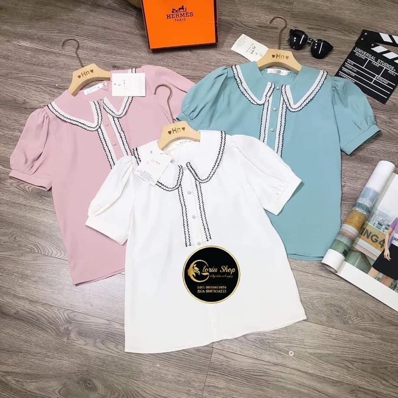 Áo sơ mi nữ tay ngắn cổ 2 lá viền ren  3 màu Hồng + Trắng+ Xanh trẻ trung chất voan mềm mịn Gloria Shop