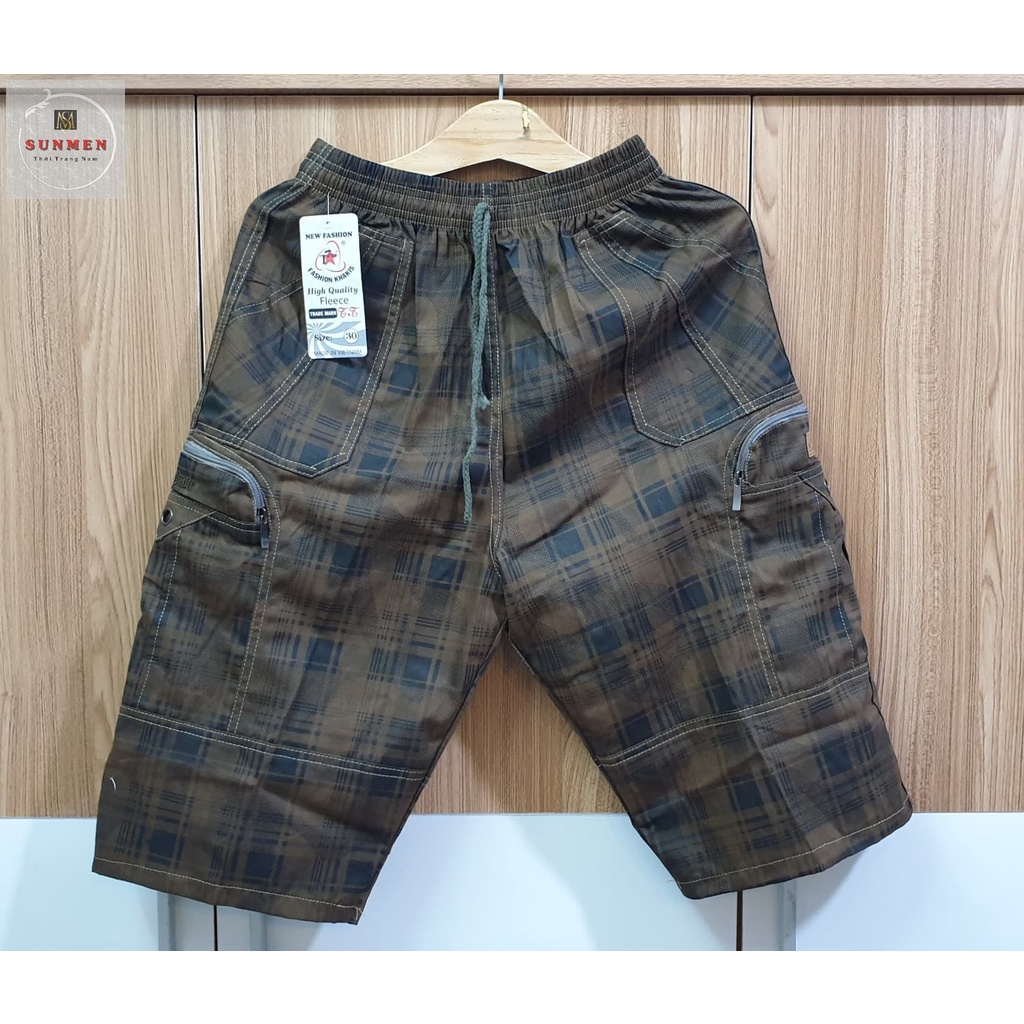 [HCM] Quần Short Nam Kaki Kẻ Caro Túi Hộp Lưng Thun Co Giãn From Rộng Trung Niên Có Túi Khóa Kéo Size Từ 50-90kg